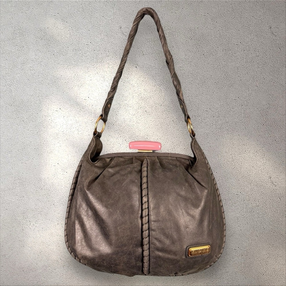Isabella Fiore Vintage Leather Frame Hobo Clasp Top Shoulder Bag Tote